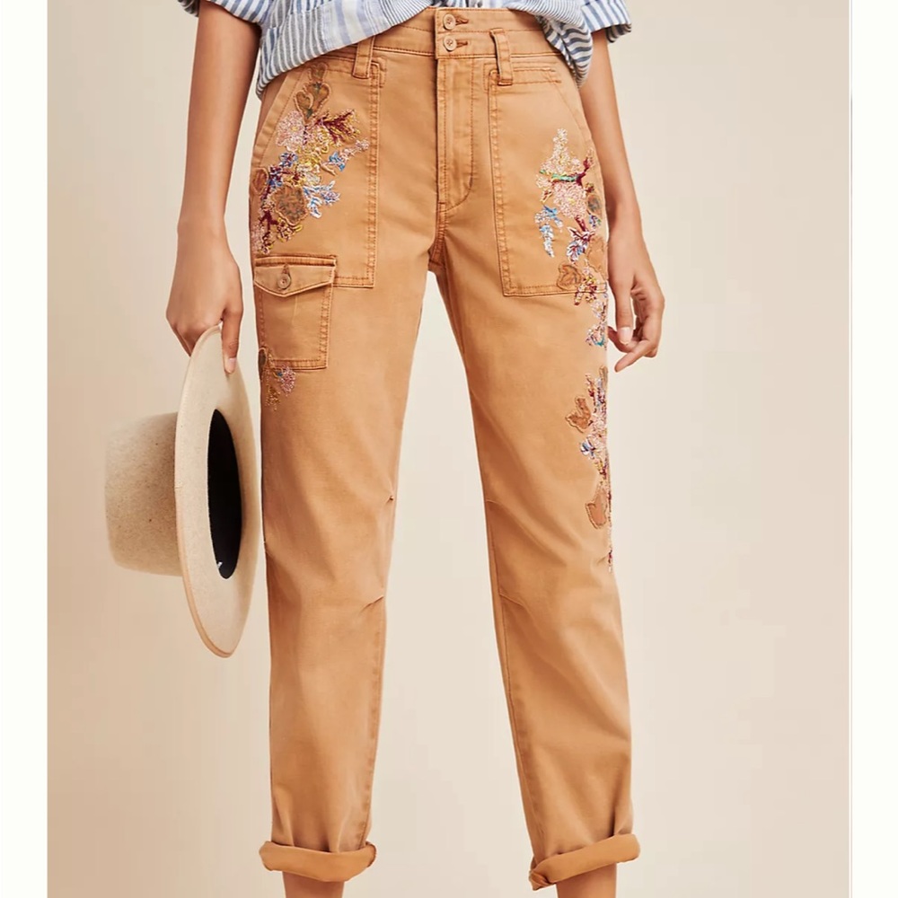 Anthropologie Tan Embroidered Cropped Pants - Picture 11 of 13